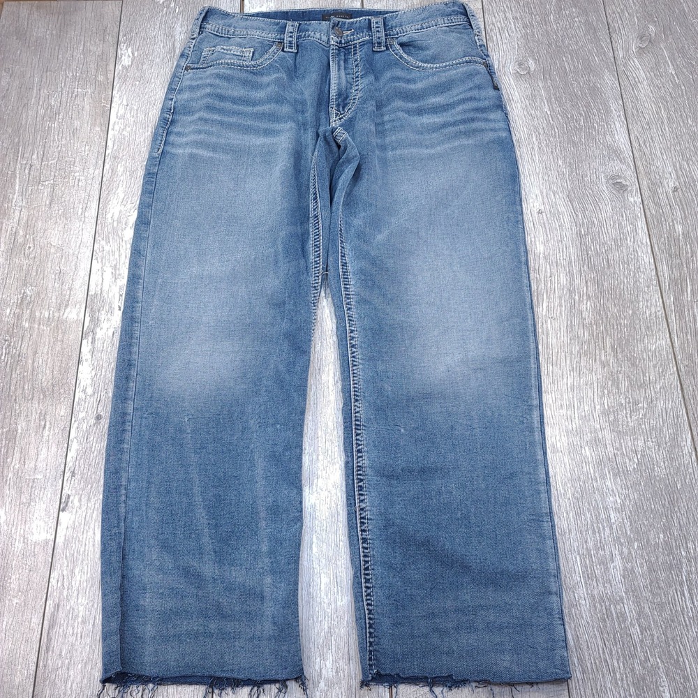 Silver Jeans Grayson Men 34x31 Blue Straight Leg Raw Hem Contrast Stitching